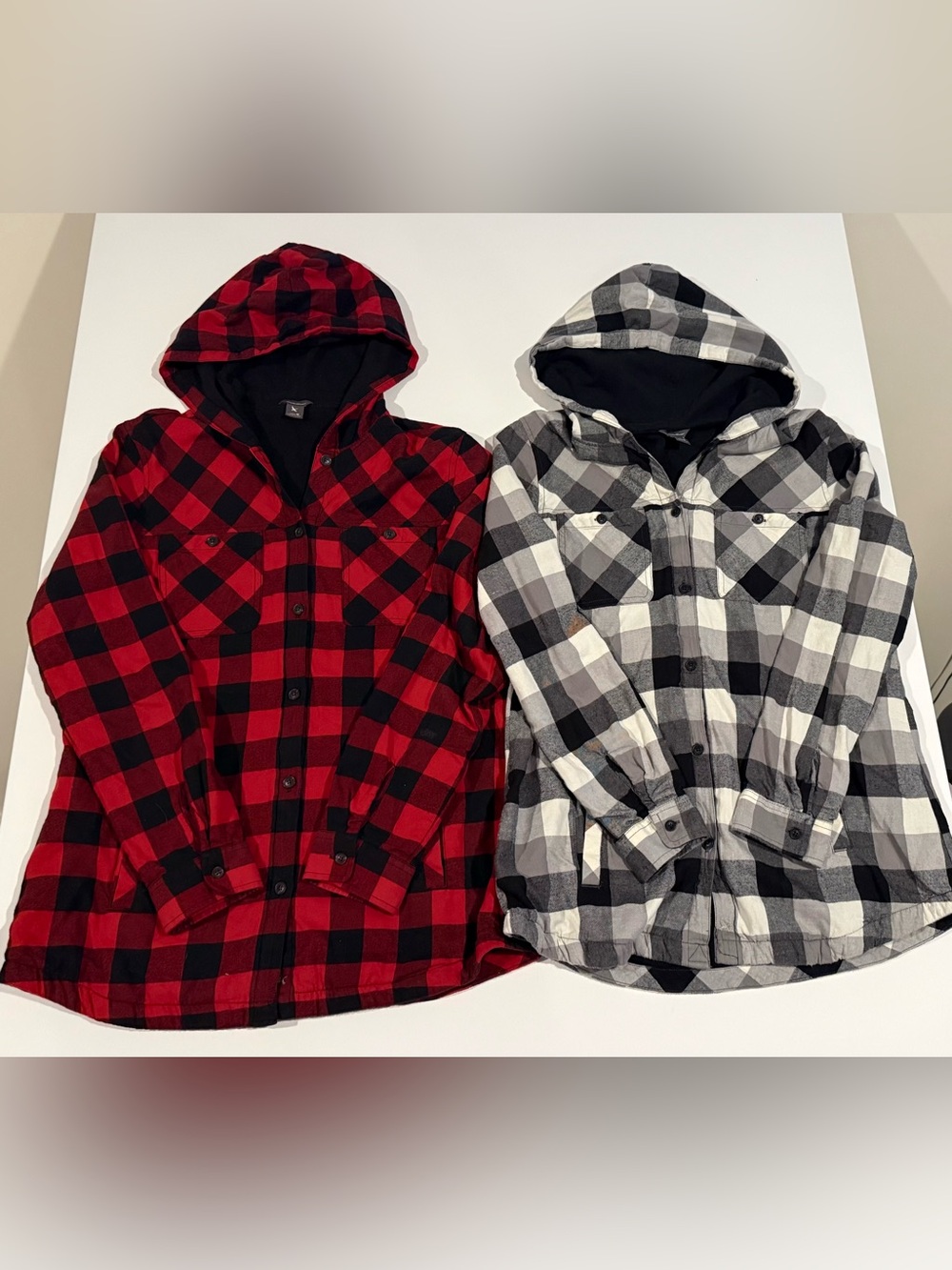 Eddie Bauer Red & Black and Black & White Plaid Button-Down Hooded Shirts